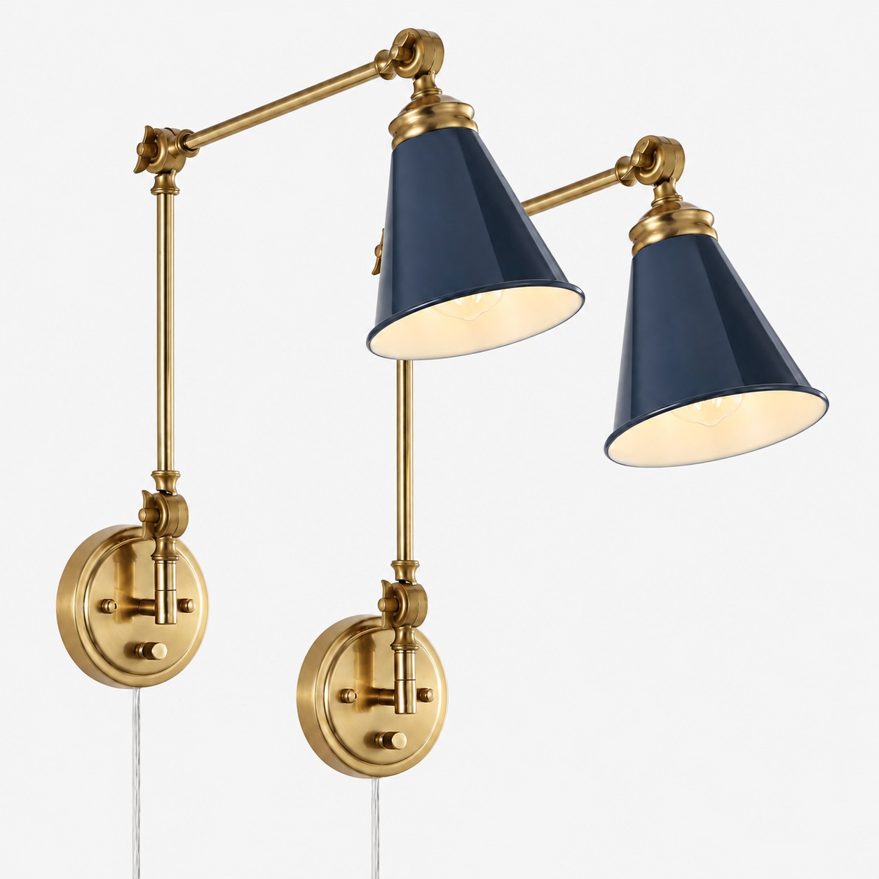 Pair of swing-arm sconces with blue cone shades and gold hardware