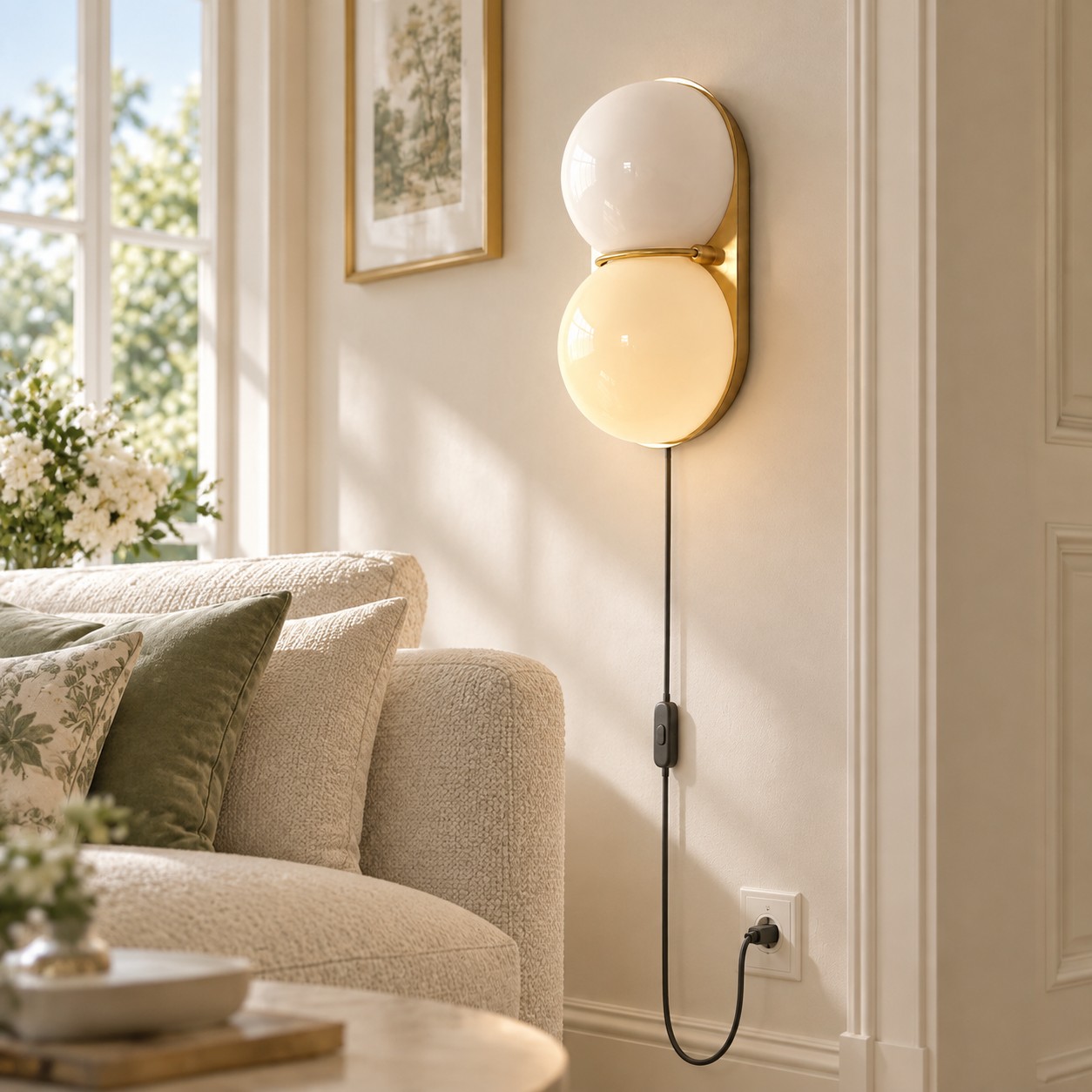 White glass wall sconce beside a chair