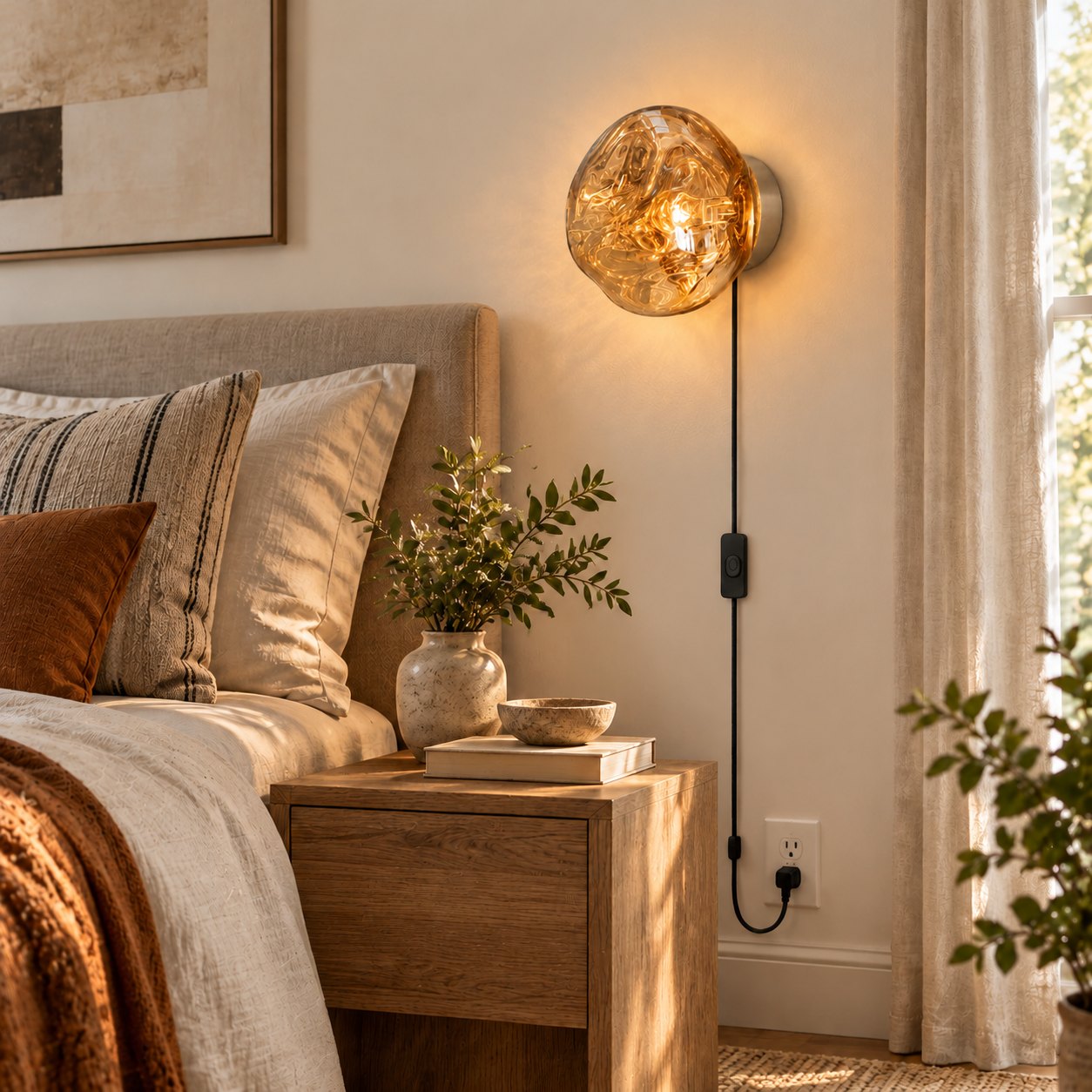 Beside the bed, plug seated